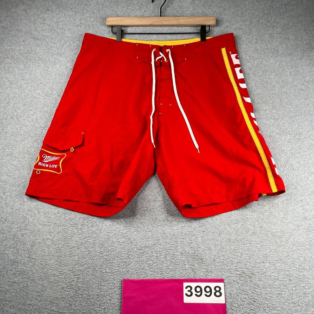 Miller Highlife Swim Trunks Mens Board Shorts Red Graphic Logo Mens 38